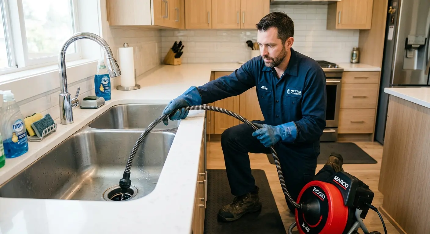 Drain cleaning technician using a motorized snake on a kitchen sink in Champlain