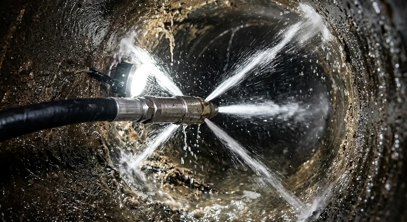 High-pressure hydro jetting nozzle cleaning sewer pipe for Emergency Drain Service in Champlain