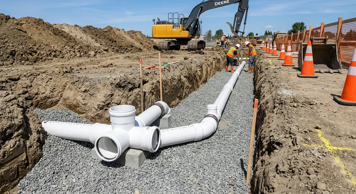 New PVC sewer pipe installation in open trench for Commercial Drain Cleaning in Champlain