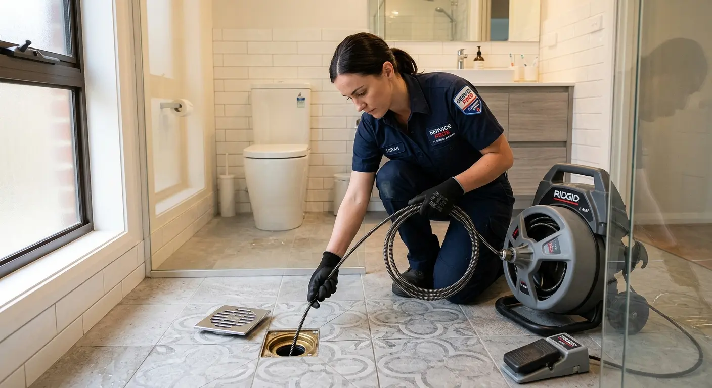 Technician clearing a bathroom floor drain for Clogged Drain Repair in Champlain